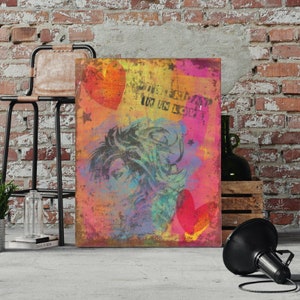 May include: An abstract art print with a distressed effect, featuring a woman's face, hearts, and stars. The artwork includes the words "I'M IN LOVE" in a stencil font. The colour palette includes pink, yellow, orange, and blue.