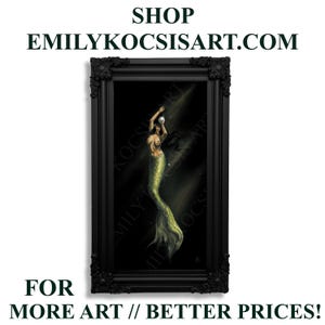 6x12in. Dark Mermaid and Pearl Original Painting Print // Gothic Dark Art Black Hair Goth Mermaid & Pearl Decor Moody Art