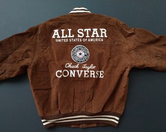 Converse Chuck Taylor All Star Brown Suede Jacket Bomber Big Large Logo Embroided