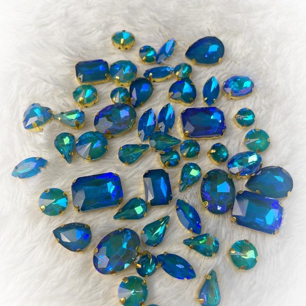 Deep Blue Jewels, Gold Claw Jewels, Craft Jewels, Sew on jewels, fake bake supplies, fancy jewels, rhinestones, Gems, flat back gems