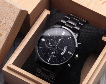 Personalized Mens Stainless Steel Watch, Custom Engraved Bamboo Box