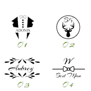 May include: Four different wedding-themed designs. The first design is a black tuxedo with a bow tie and the word "ADONIS" underneath. The second design is a black deer head inside a circle with the letters "BK" above the head. The third design is a black floral wreath with the name "Aubrey" inside. The fourth design is a black bow tie with the letter "W" above it and the words "Best Man" below it.