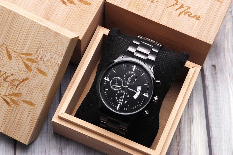 Personalized Gunmetal Watch Set, Engraved Bamboo Box, Groomsmen Gift - Etsy
