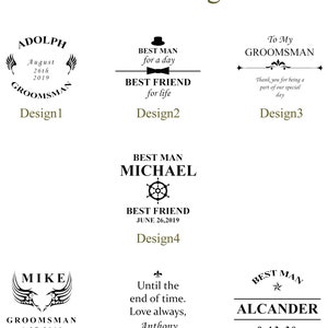 May include: Seven different watch designs for groomsmen. The designs feature various text, including names, dates, and messages. Some designs include a small graphic, such as a bow tie, a ship's wheel, or a star.