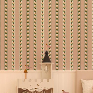 Naomi Stripe - Papel de parede com listras florais em rosa quente, flores de tulipa rosa e listras rosa, removível e autoadesivo ou opção tradicional