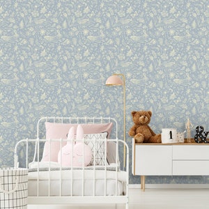 Leaping Hare Garden Toile Removable Wallpaper - Vintage Blue - Classic nursery wallpaper - storybook wallpaper - cottage core peel and stick
