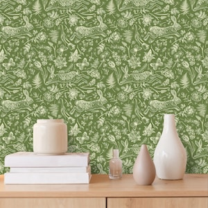 Leaping Hare Garden Toile Wallpaper - Garden Green, rabbit wallpaper, English Garden wallpaper, classic spring green botanical pattern