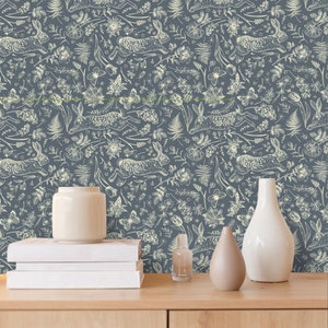 Leaping Hare Garden Toile Removable Wallpaper - Storybook Blue - Cottage nursery wallpaper - light blue removable wallpaper - cottage garden