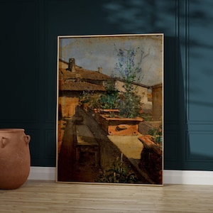 Vintage Oil Painting Rooftop Garden, Terra Cotta Pottery, Downloadable Print, 19th Century Oil Painting, Rustic Farmhouse Art Oil Painting