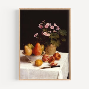 Vintage Still Life with Pears Pomegranates and Primrose Art Print - 1800s French Still Life Oil Painting - Flower Still Life Pear Still Life