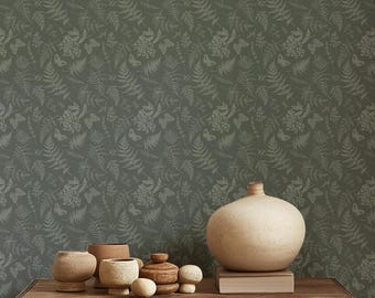 Owens Botanical - Green garden toile wallpaper, forest butterflies moths ferns leaves wallpaper, peel and stick removable or traditional