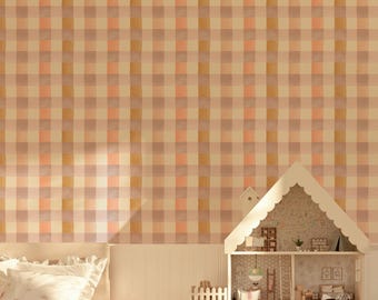 Millie Check - watercolor buffalo check wallpaper, plaster pink, lavender, golden yellow, removable peel and stick and traditional options