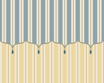 Funfair Wallpaper - Yellow & Blue tent stripe wallpaper mural, yellow stripe wallpaper with tented top tassels, kids room circus wallpaper