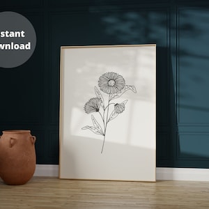 Aster Flower Minimalist Line Drawing Flower Printable Wall Art. Botanical Floral Print Instant Download. September Birth Flower Sketch