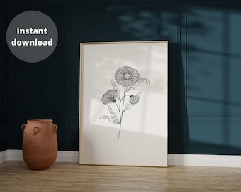 Aster Blume Minimalistische Linie Zeichnung Blume druckbare Wandkunst. Botanischer Blumendruck Instant Download. September Geburtsblumen Skizze