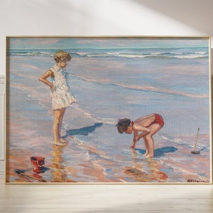 Vintage Beach Oil Painting, Children Playing on a Beach, French Seashore Art, Beach Oil Painting, Vintage Ocean Art, Pastel Sand and Waves
