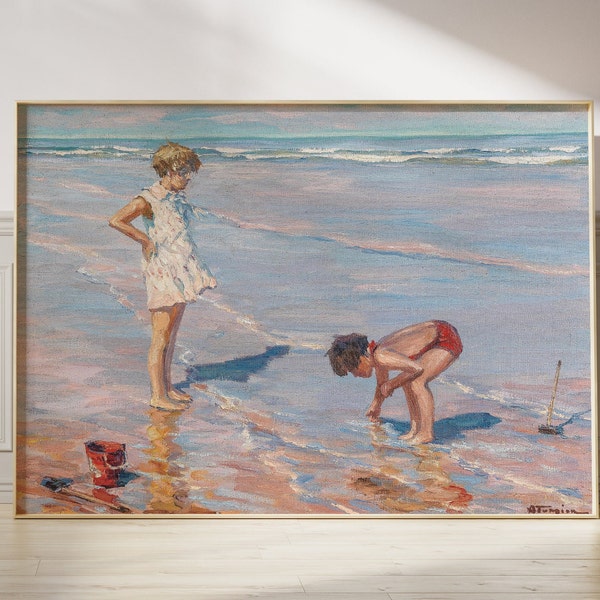 peinture à l’huile de plage vintage, enfants jouant sur une plage, Français Seashore Art, peinture à l’huile de plage, art océanique vintage, sable pastel et vagues