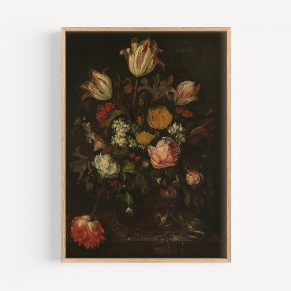 Vintage Still Life with Flowers, 1600s Dutch Oil Painting, Antique Oil Painting Print, Dutch Masters, Dark Academia Aesthetic Vintage Art