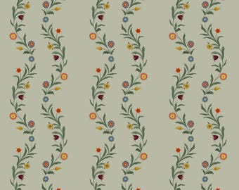 May Queen Wallpaper, Meadow Green - folk art inspired hand painted botanical wallpaper, hand painted floral nursery