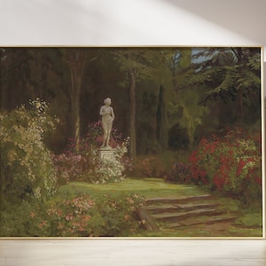 Vintage Oil Painting Garden with Statue Printable Art, Garden Oil Painting, Landscape Oil Painting, Stone Steps in Garden Statue Painting