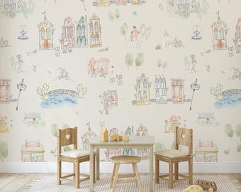 Metropole Wall Mural, full wall height - Madeline inspired wall mural, watercolor and pen by children's book illustrator, kids Paris mural