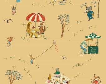 Parks Wallpaper - Yellow, Bemelmans illustration, vintage ludwig bemelmans inspired wallpaper, animals playing in the park kids wallpaper
