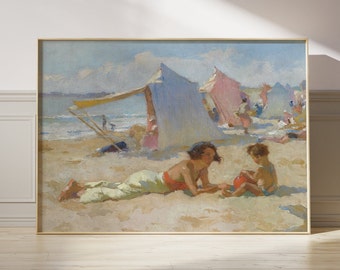 Vintage Seaside Oil Painting Art Print, Pintura al óleo francesa, Pintura costera, Arte francés del siglo 19, Ocean Beach Painting Impresionismo