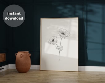 Cosmos Flower Minimalist Linie Zeichnung Blume druckbare Wandkunst. Oktober Geburt Blume Botanischer Blumendruck Instant Download. Blumen Skizze