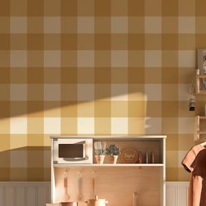 Papier peint amovible Buffalo Check - souci - papier peint autocollant jaune doré - cottagecore - papier peint neutre - plaid