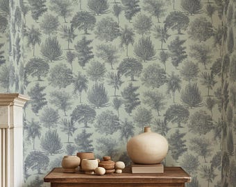 Into the Woods - Washed Denim, Tree toile wallpaper, navy tree wallpaper, light blue toile, removable peel and stick and traditional option