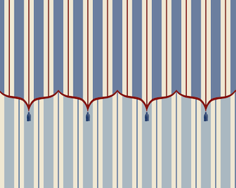 Funfair Wallpaper - Blue & Red, tent stripe wallpaper mural, blue stripe wallpaper with tented top and tassels, kids room circus wallpaper