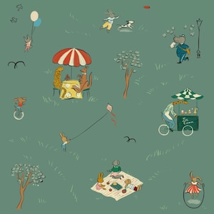 May include: A green background with various illustrations of animals, including a kangaroo, a leopard, a rabbit, a dog, and a hippopotamus. The animals are engaged in various activities, such as having a picnic, playing with a kite, riding a bike, and playing with a hula hoop. There are also illustrations of trees, a lamppost, and a red and white striped umbrella.
