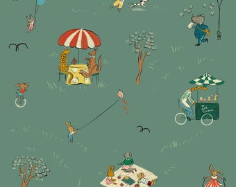 Parks Wallpaper - Green, Bemelmans illustration, vintage ludwig bemelmans inspired wallpaper, animals playing in the park kids wallpaper