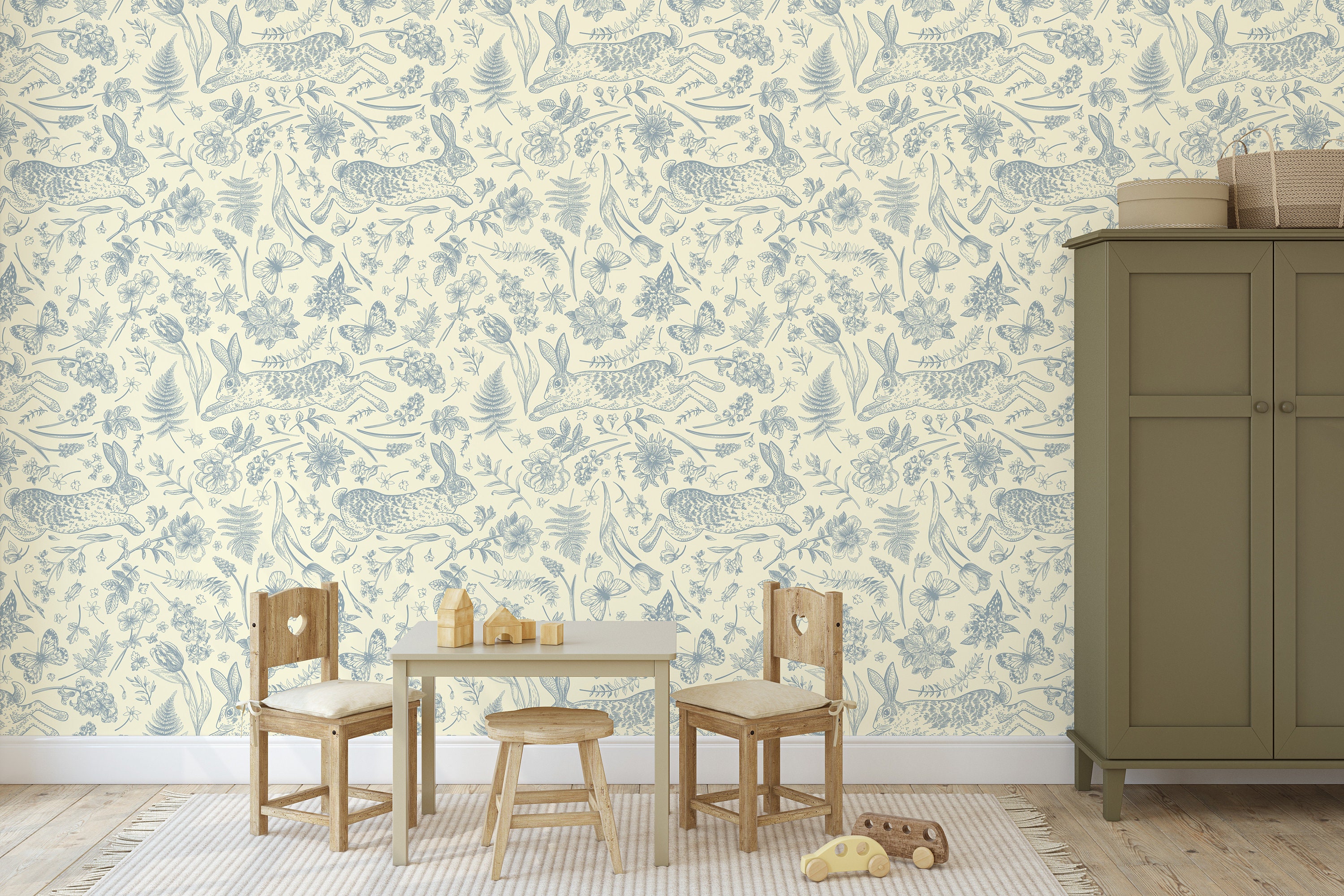 Big Leap - Large Scale Removable Wallpaper - Antique White - vintage storybook wallpaper - peter rabbit garden cottage core nursery