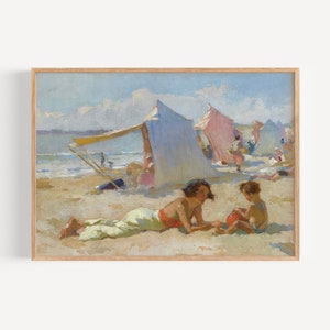 Vintage olieverfschilderij aan zee Art Print - Frans impressionistisch olieverfschilderij, kustschildering, Franse 19e-eeuwse kunst, schilderij Ocean Beach