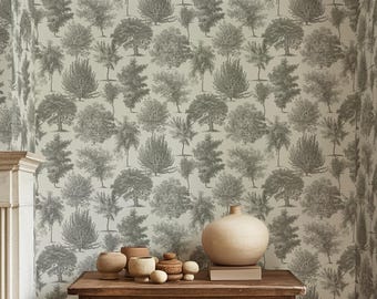 Into the Woods - Vintage Black, Tree toile wallpaper, grey black and white tree wallpaper, removable peel and stick and traditional option