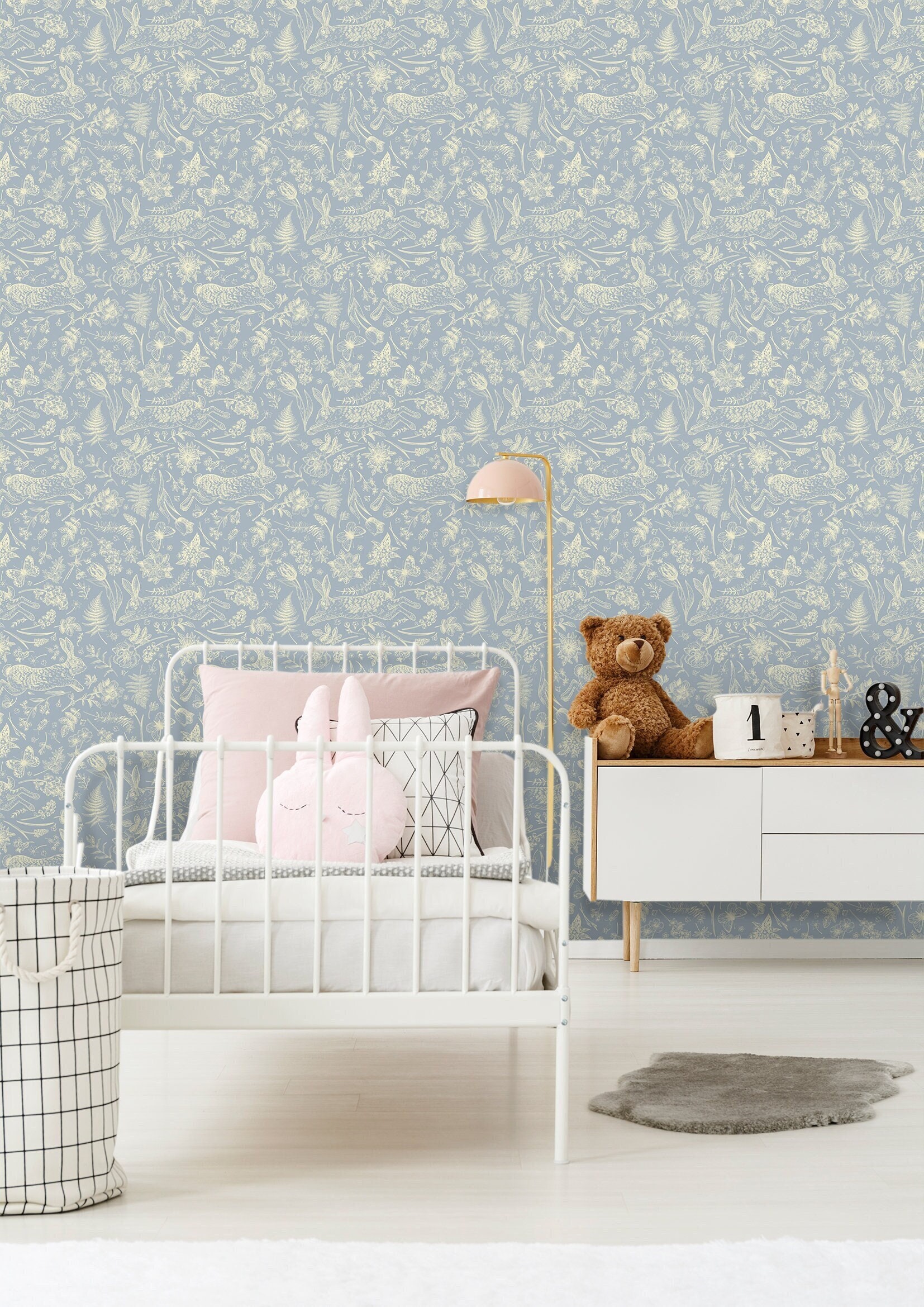 Leaping Hare Garden Toile Removable Wallpaper - Vintage Blue - Classic nursery wallpaper - storybook wallpaper - cottage core peel and stick