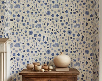 Floristics - Blue, botanical drawing wallpaper, botanist wallpaper, ink drawn flower cross sections, removable peel & stick and traditional