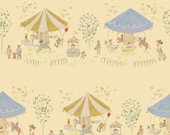 Carousel Wallpaper - Butter Yellow, Madeline inspired wallpaper, Nursery wallpaper, animals playing on merry go round, kids room wallpaper