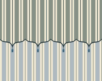 Funfair Wallpaper - Green & Blue, tent stripe wallpaper mural, blue stripe wallpaper with tented top and tassels, kids room circus wallpaper
