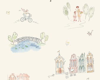 Metropole Wallpaper - Cream, Bemelmans illustration, vintage ludwig bemelmans inspired wallpaper, Madeline wallpaper, storybook wallpaper