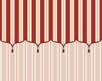 Funfair Wallpaper - Pink & Red, tent stripe wallpaper mural, pink stripe wallpaper with tented top and tassels, kids room circus wallpaper