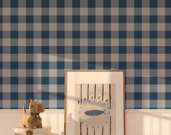 Navy Buffalo Check Wallpaper - Navy, 3 inch navy blue checker wallpaper, navy blue plaid wallpaper, classic blue traditional wallpaper