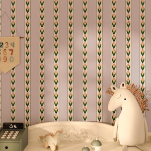 Naomi Stripe - Carta da parati a righe floreali viola e lavanda, fiori di tulipano rosa e strisce viola, rimovibile, stacca e attacca o opzione tradizionale