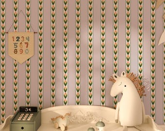 Naomi Stripe - Violet, lavender floral stripe wallpaper, pink tulip flowers and purple stripes, removable peel & stick or traditional option