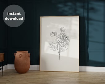 Dahlia Flower Minimalist Line Drawing Flower Printable Wall Art. Botanical Floral Print Instant Download. Dahlia Sketch Dahlia Line Drawing