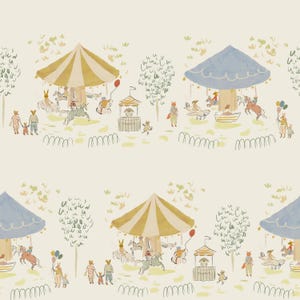May include: A repeating pattern featuring a whimsical carnival scene. The design includes carousel rides with animal figures, small booths, trees, and figures of people. The color palette is soft, with muted yellows, blues, and greens on a cream background.