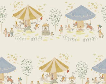 Carousel Wallpaper - Cream, Madeline inspired wallpaper, Nursery wallpaper, animals playing on merry go round, kids room wallpaper