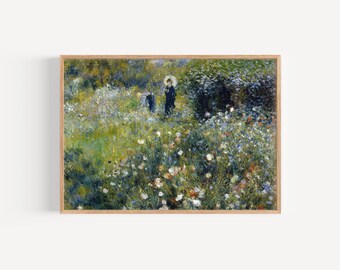 印象派の油絵プリント - クロード・モネの絵画 - 傘のある庭で - 1800 年代の印象派の庭 - 花の絵