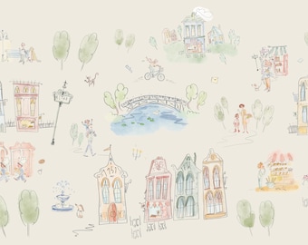 Metropole Wall Mural, half wall height - Madeline inspired wall mural, watercolor and pen by children's book illustrator, kids Paris mural